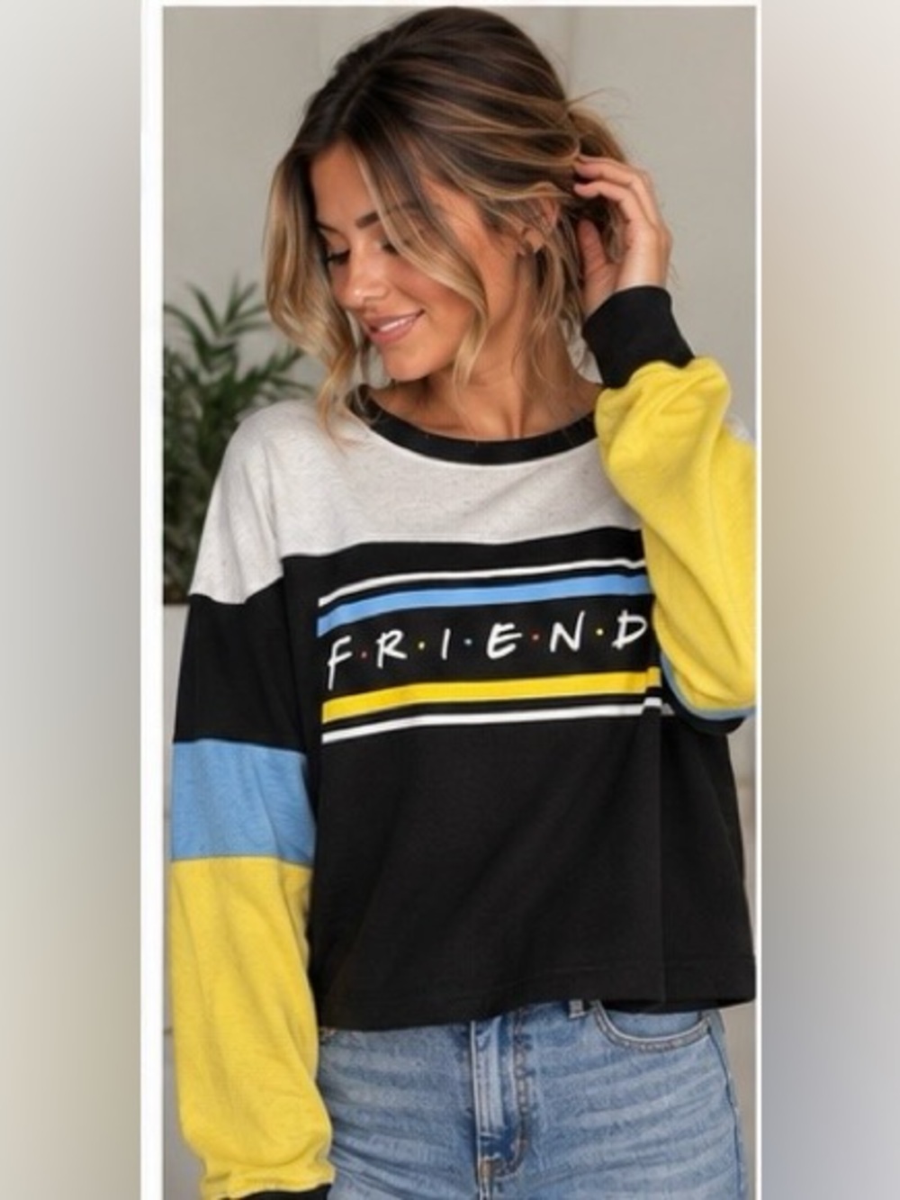Friends Colorblock Sweatshirt Crewneck Size L Black White Blue Yellow